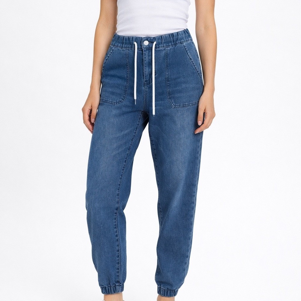 Forever 21 Womens Medium Wash Denim Joggers High Waist Drawstring Jeans Size S/M